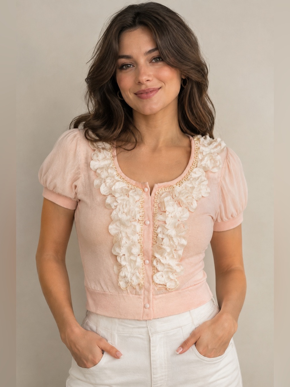 Women's Pink Ruffle Trim Short Sleeve Cardigan